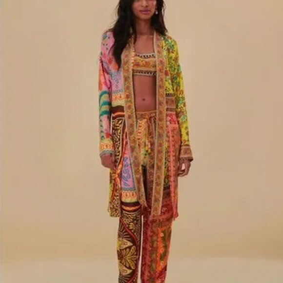 $165 FARM RIO Multicolor Mixed Scarves Lenzo Ecovero Viscose PANTS Size M - Picture 2 of 4